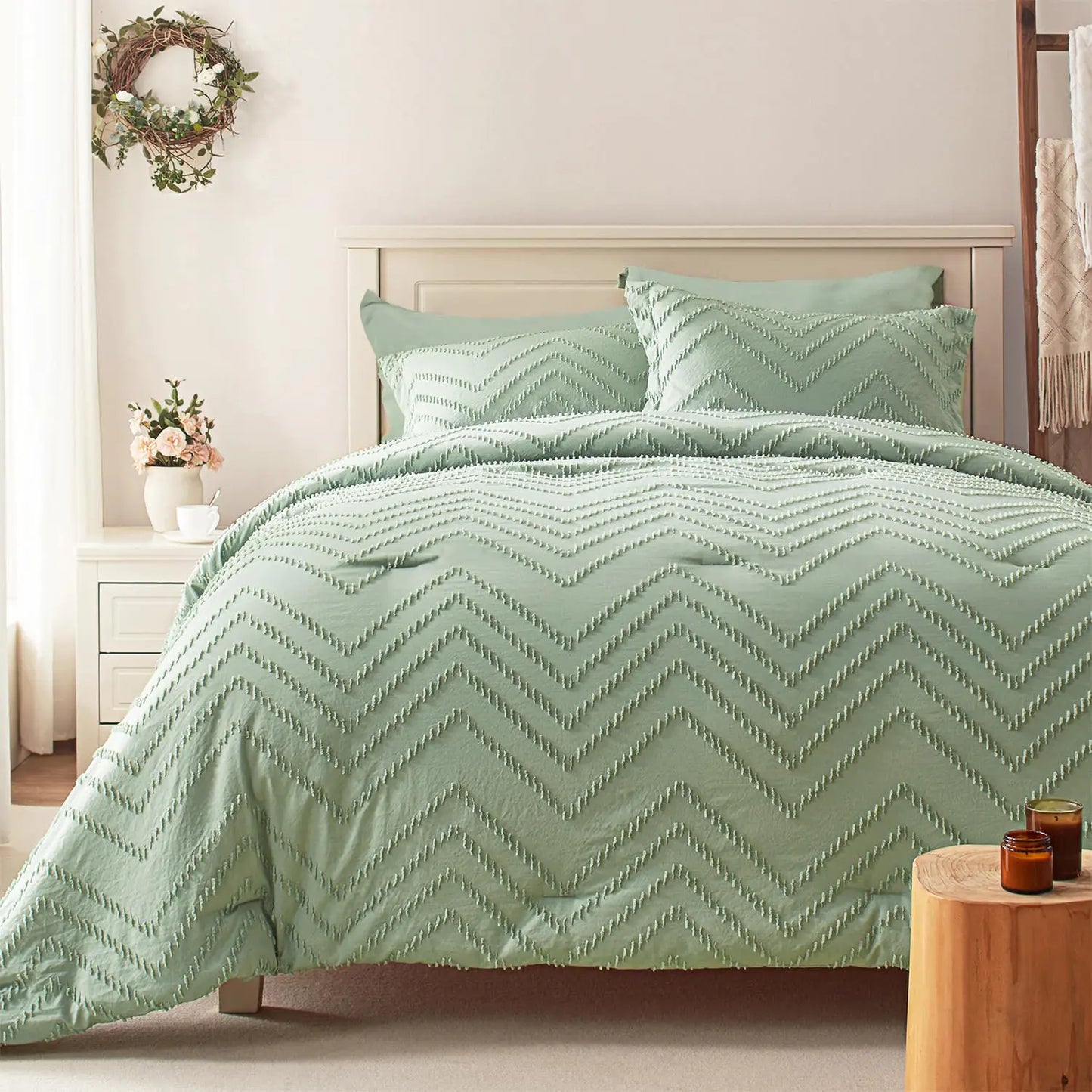 Anluoer 7-Piece Sage Green Comforter Set – Full Size