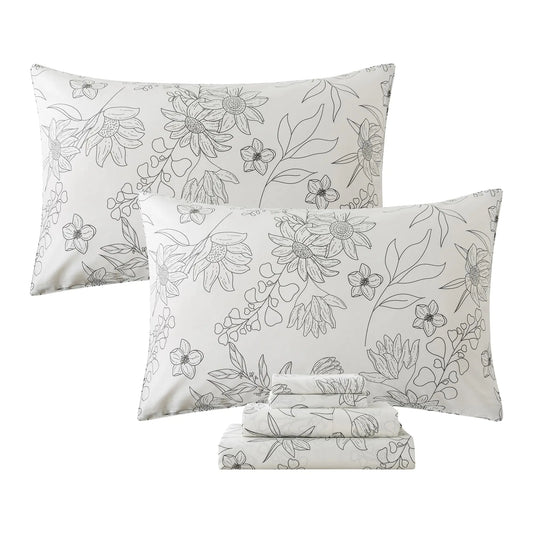 FADFAY Black and White Floral Sheet Set – Queen Size (100% Cotton)