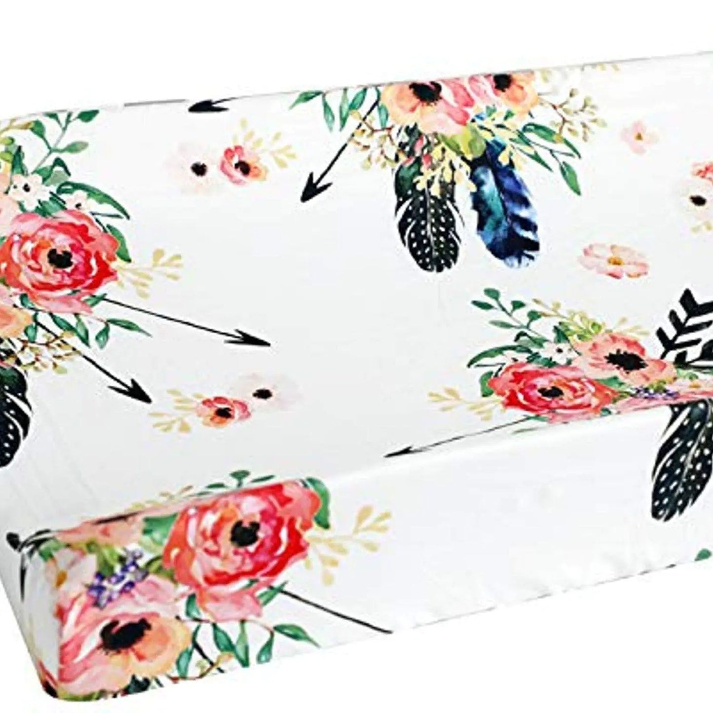Baby Girl Floral Changing Pad Cover – Feather Boho Floral Design (Microfiber, 16"×32")