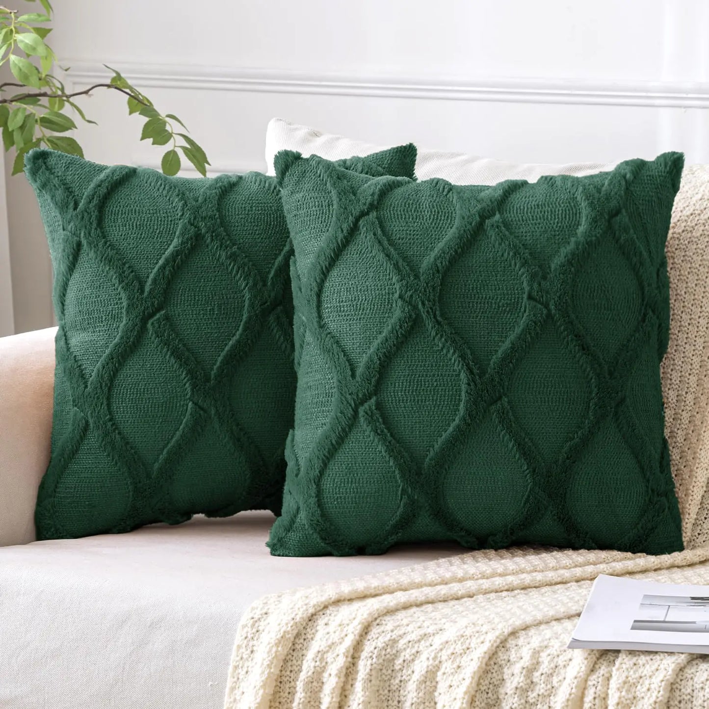 MIULEE Dark Green Faux Wool Throw Pillow Covers – Set of 2