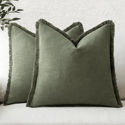 MIULEE Dark Olive Green Linen Pillow Covers with Fringe – Set of 2