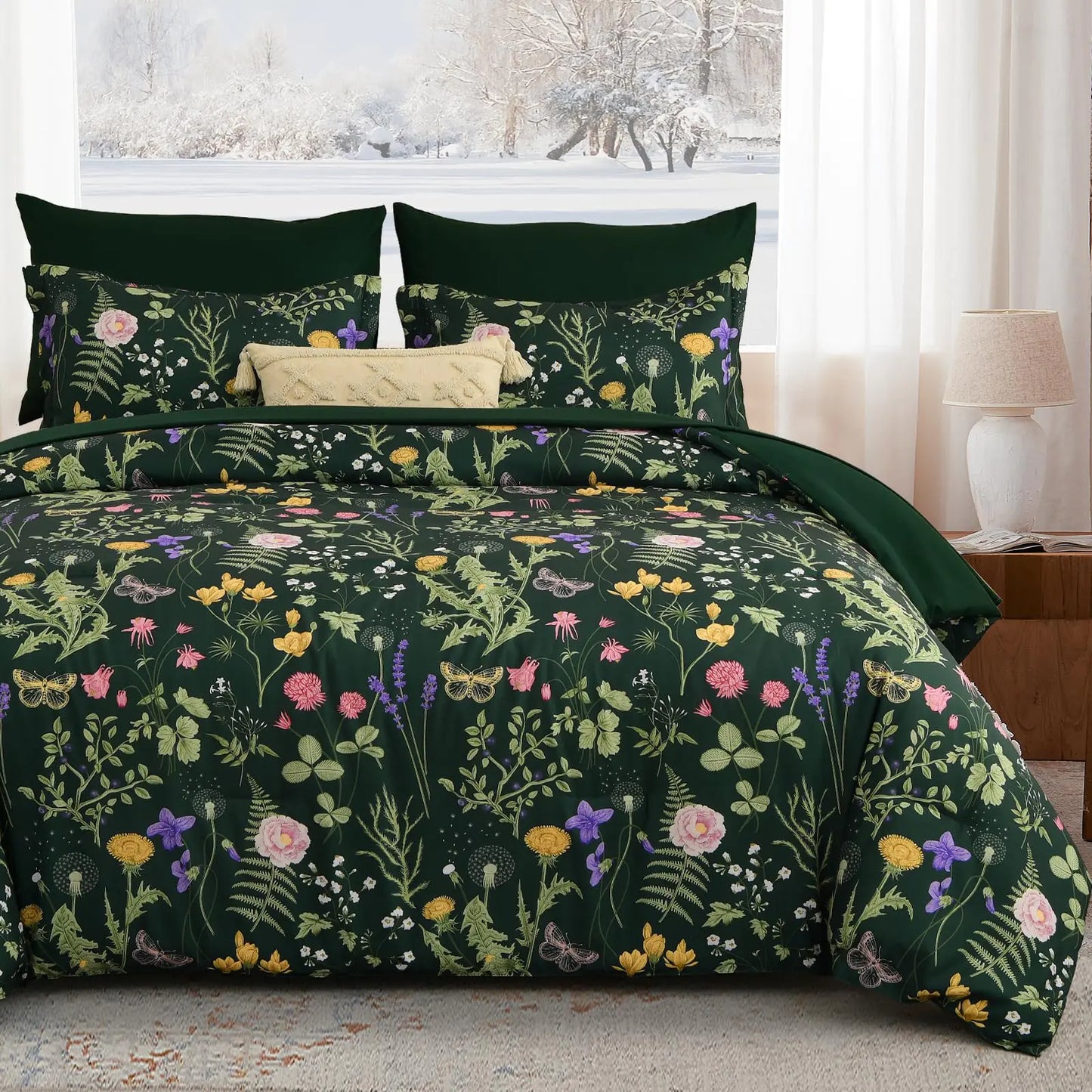 Yiran Dark Green Floral Comforter Set – Queen (7-Pieces)