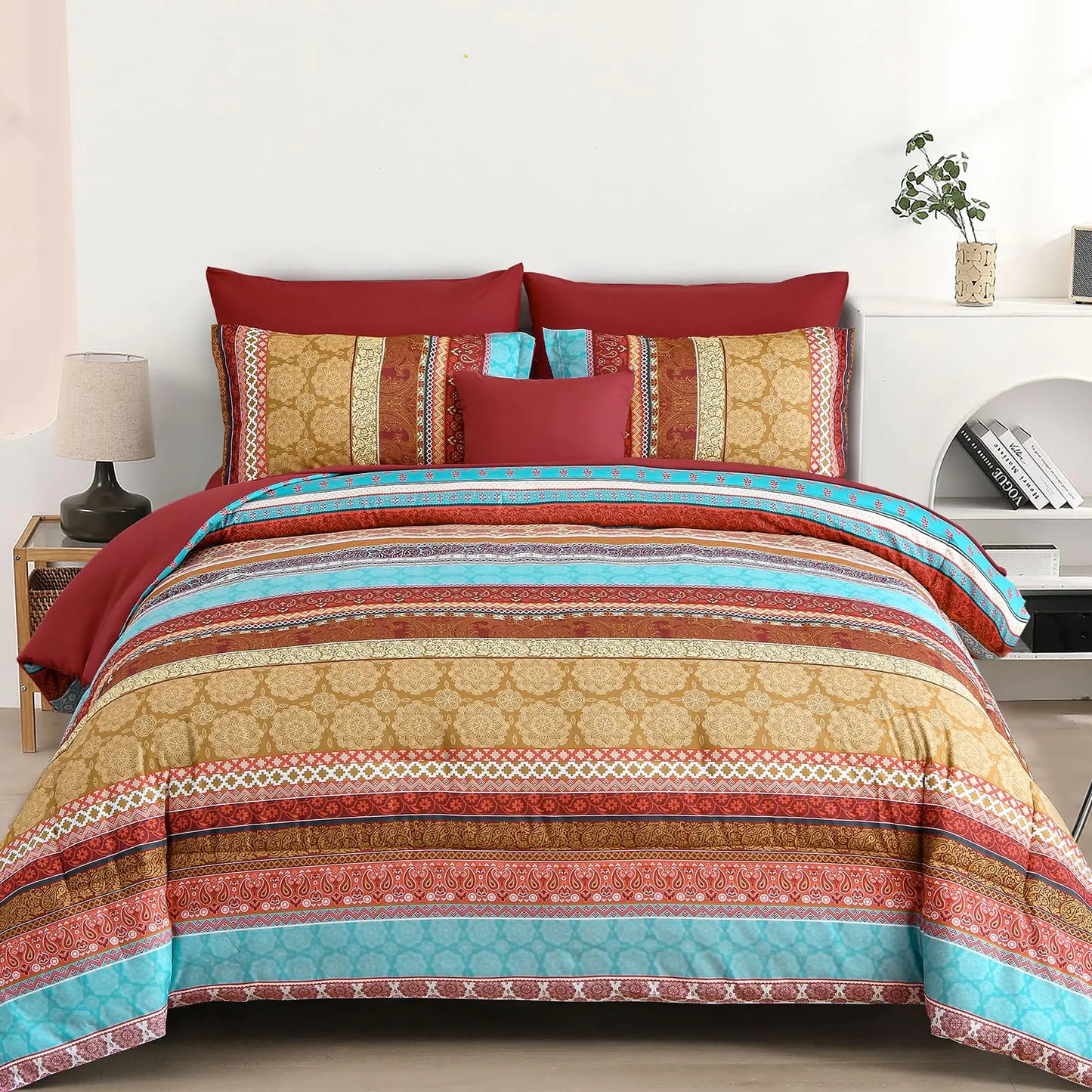 Boho 8-Piece King Comforter Set – Red Bohemian Striped Paisley