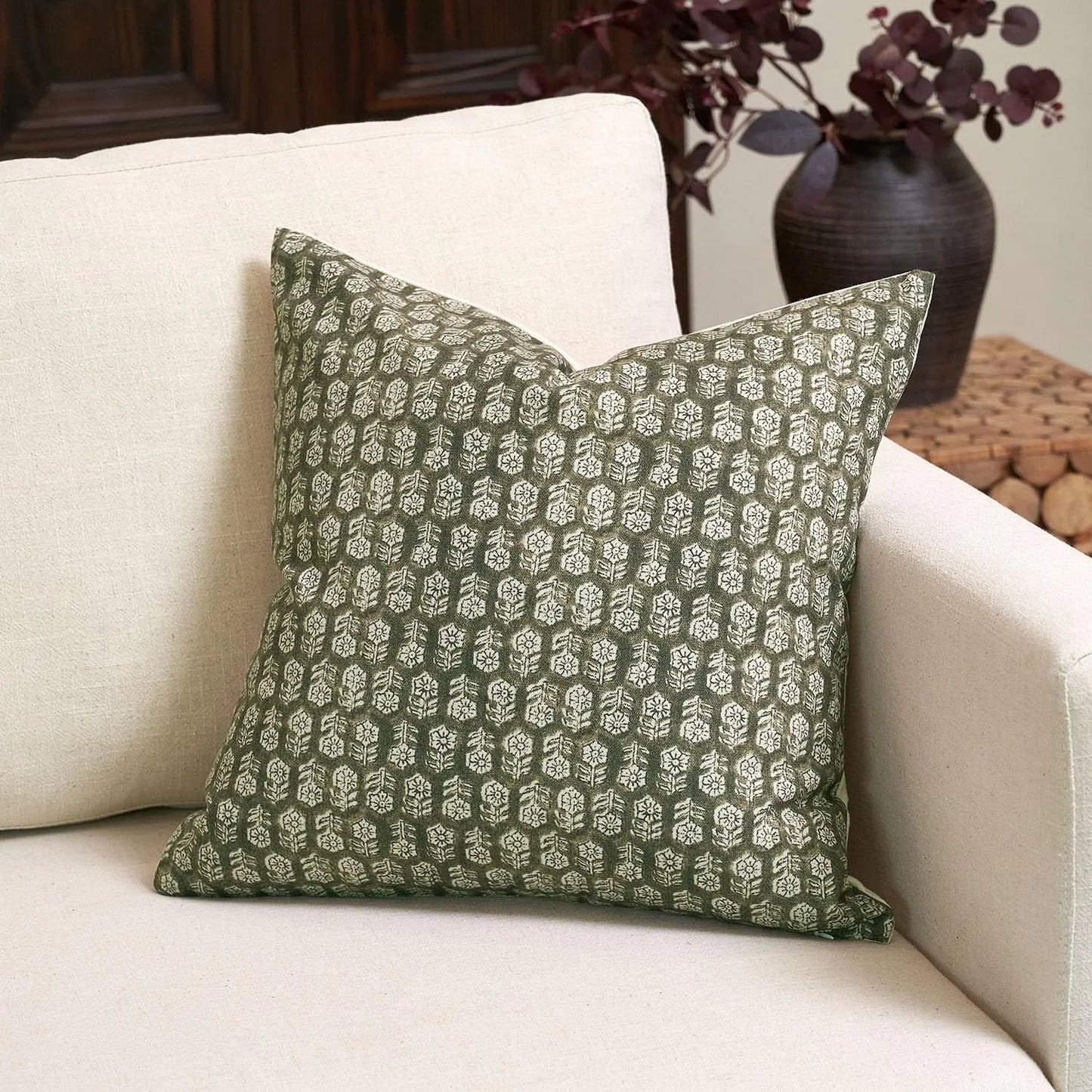 Amor Virisso Olive Green Floral Pillow Cover