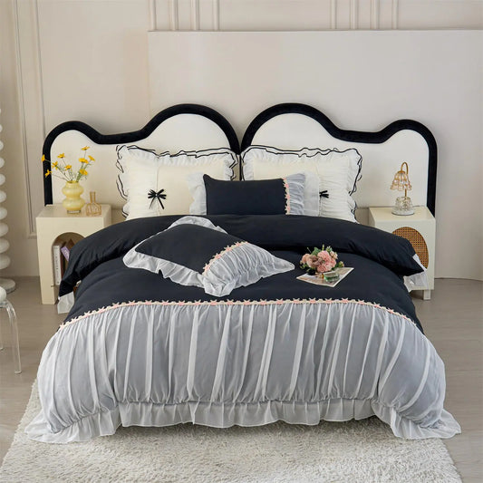 MOOWOO Chic Ruffle Lace Duvet Cover Set – Black (Full Size)
