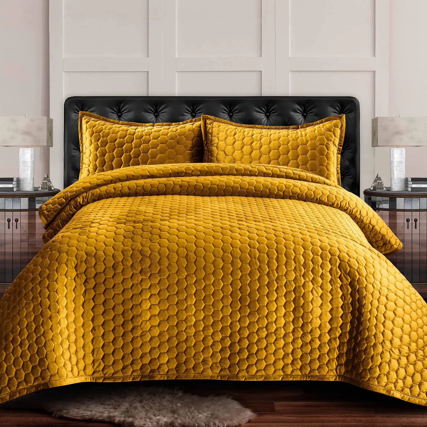 Tribeca Living Velvet Gold Honeycomb Quilt Set