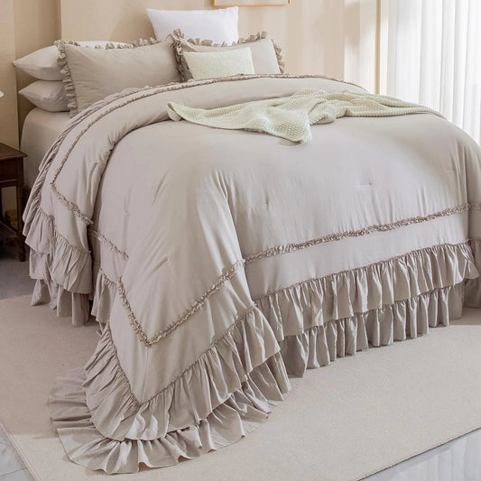 QSH Taupe Oversized Ruffled Comforter Set – California King (3-Piece Vintage Farmhouse Bedding)