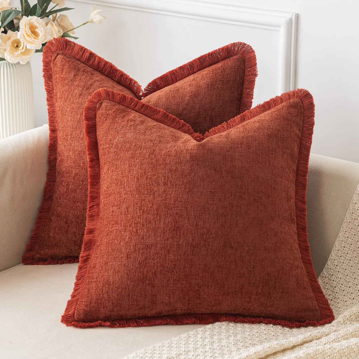 MIULEE Burnt Orange Chenille Fringe Pillow Covers – Set of 2
