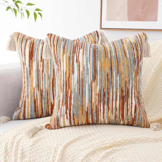 decorUhome Boho Striped Chenille Tassel Pillow Covers – Set of 2